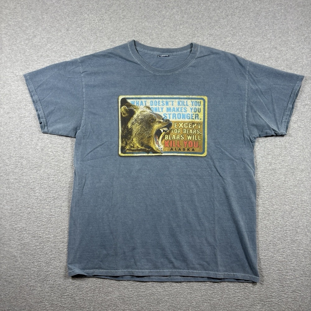Vintage Alaska Bears Will Kill You Humor Graphic T Shirt Washed Blue Men L Y2K